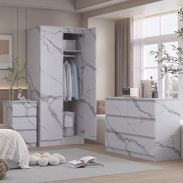 ZITA 3 Piece Bedroom Furniture Set in Grey and White Marble Effect featuring 2 Door Wardrobe, 6 Drawer Wide Chest and 3 Drawer Bedside Table