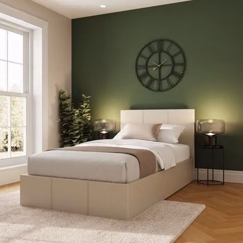 GFW Ecuador Single Ottoman Bed Frame in Sand Beige Upholstered Fabric with Hydraulic Lift-Up Base, W/D/H: 90 x 200 x 106 cm – 3