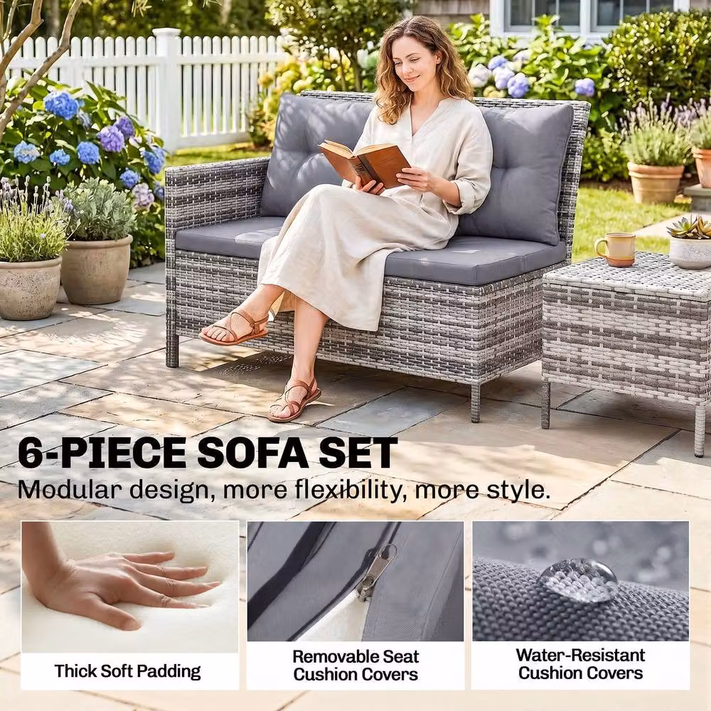 OUTSUNNY 6 Piece Rattan Garden Sofa Set with Grey Cushions and Black Wicker Frame – 4