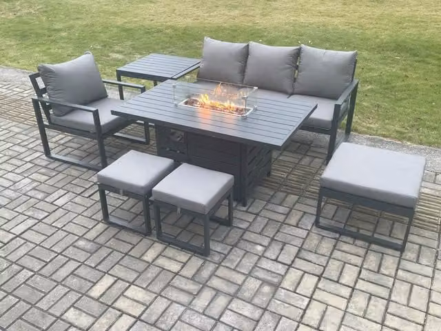 Fimous 7 Piece Aluminium Garden Furniture Set with Cushions, Gas Fire Pit Dining Table, 3 Footstools and Side Table in Dark Grey
