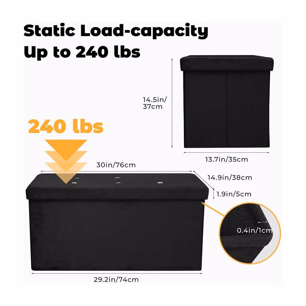 Simpa Large Fold Flat Black Brushed Velvet Ottoman Storage with Comfortable Cushion, L 76 cm x W 38 cm x H 37 cm – 3