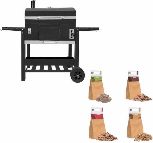 Monstershop XXL Offset Charcoal BBQ Smoker Grill in Black with Thermometer and Cast Iron Components, W/D/H: 120 x 66.5 x 147 cm