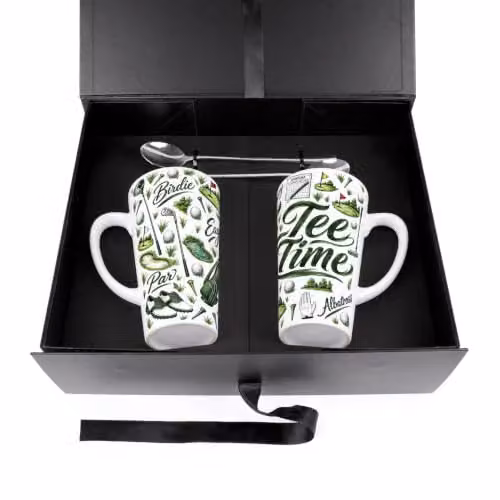 Purely Home Tee Time Tall Latte Mugs and Spoons Gift Boxed Set in Green and White – 3