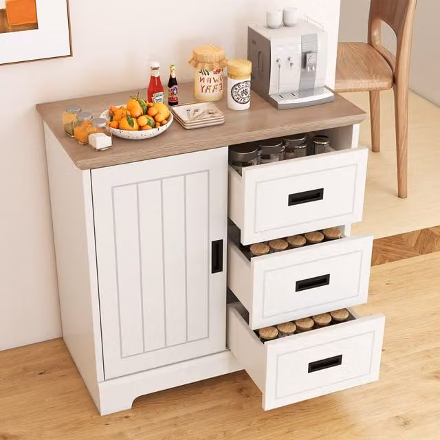 Costway Farmhouse Sideboard Buffet Cabinet Kitchen Storage Cabinet in Ivory