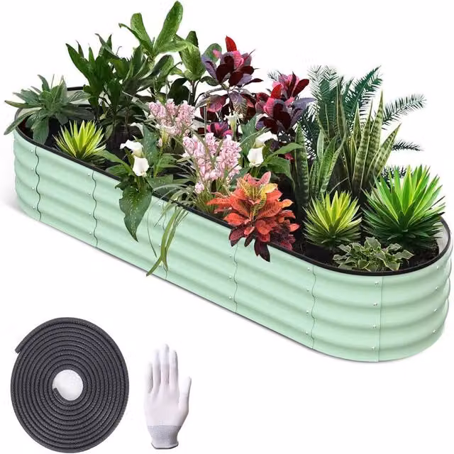 London Boutique Galvanised Steel Raised Garden Bed Planter in Green, W/D/H: 244 x 61 x 30 cm