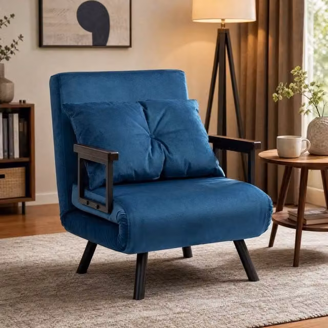 STILVORA Blue Velvet Click-Clack Chair Bed with Armrests – 1
