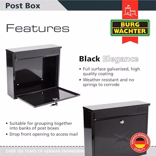 Burg-Wächter Black Elegance Wall Mounted Galvanised Steel Lockable Weatherproof Post Box, W: 36 cm, H: 31 cm, D: 10 cm – 2