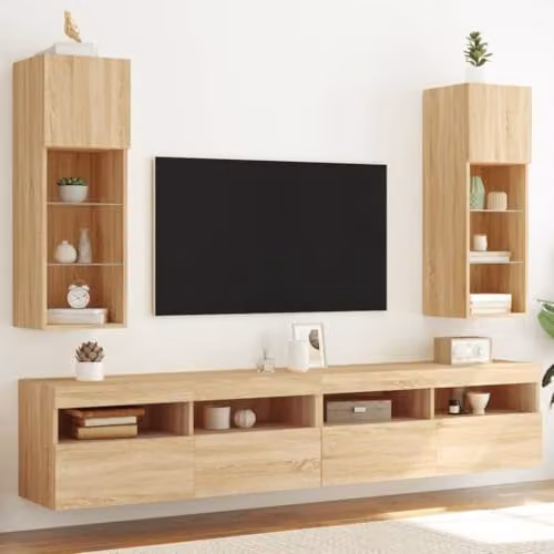 vidaXL Set of 2 Modern Wall-Mounted TV Cabinets with LED Lights and Internal Shelves, Brown, W/D/H: 30.5 x 30.0 x 90.0 cm – 1