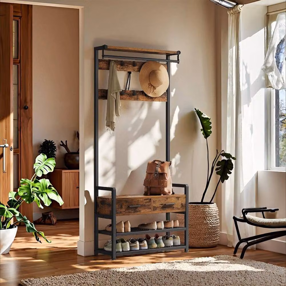 Kelvenix Industrial Hall Tree with Bench and Shoe Storage in Brown – 3