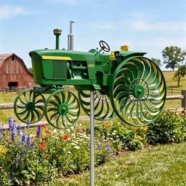 FLAVORA Green Tractor Windmill Garden Wind Spinner Metal Stake, H 100 cm x W 15 cm – 1