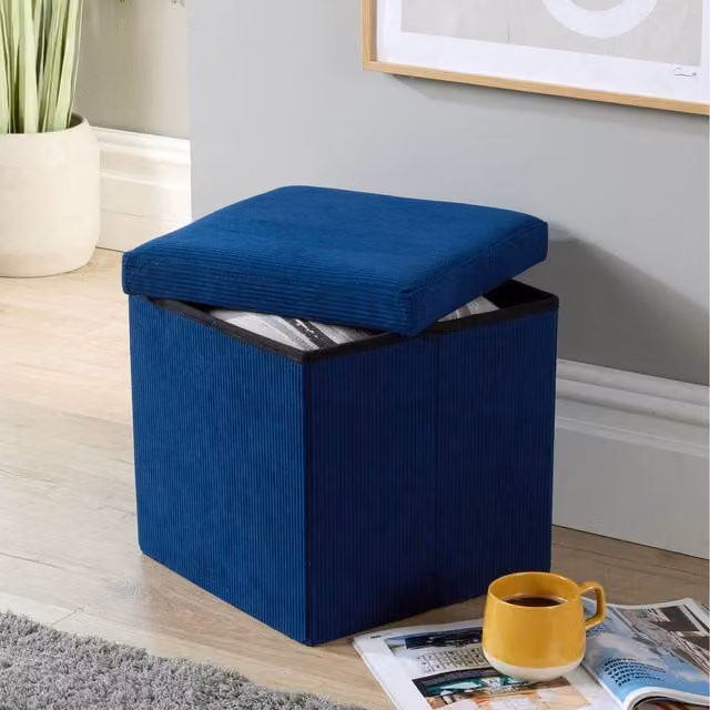 Home Source Square Corduroy Folding Ottoman in Blue