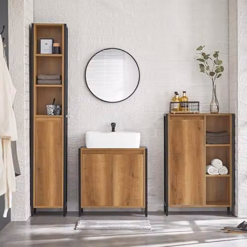SoBuy Tall Slim Bathroom Storage Cabinet in Brown and Black, Freestanding Industrial Style Unit with Hinged Doors and Internal Shelves, W/D/H: 30 x 28 x 168 cm – 3