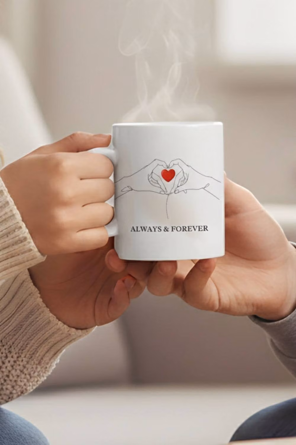 Dyzi Always & Forever Heart Line Art Printed Ceramic Mug in White and Red – 3