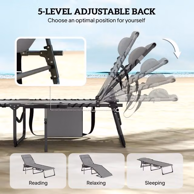 Outsunny Folding Sun Loungers with 5-Level Adjustable Backrest and Cup Holders, Grey