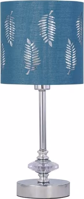 First Choice Lighting Chrome Jewelled Table Lamp with Petrol Blue Fabric Fern Shade in Silver, H 33.0 cm x W 15.5 cm x D 15.5 cm