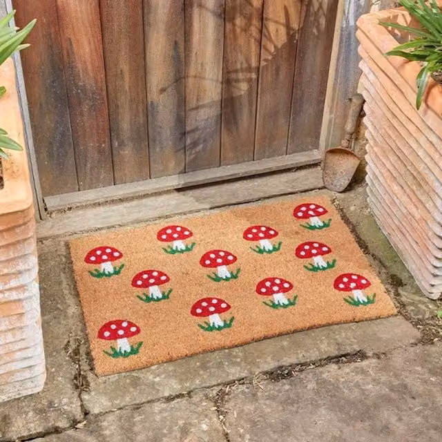Garden Mile Rectangular Coir Outdoor Door Mat in Brown, Red and White Mushroom Design