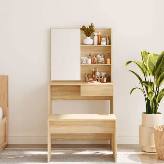 Berkfield Home Modern Dressing Table with Mirror in Sonoma Oak and Beige, W: 74.5 cm, D: 40 cm, H: 141 cm