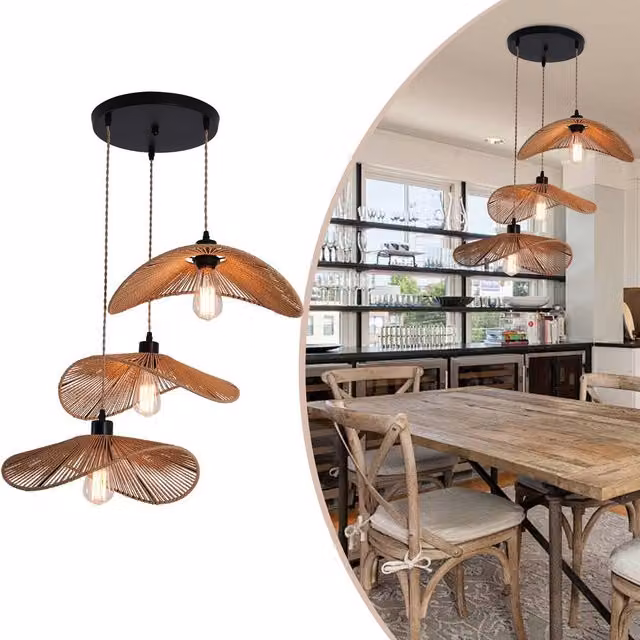 NIVOR 3-Light Rattan Farmhouse Cluster Pendant Light, Brown Boho Style Suspended Ceiling Chandelier