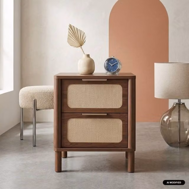 sweeek Vintage Bedside Table with 2 Drawers, Wood and Rattan Design in Dark Brown and Gold – 1