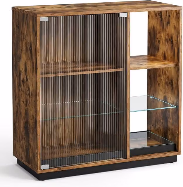 COSTWAY Rustic Brown Wine Bar Cabinet with LED Lights and Glass Details