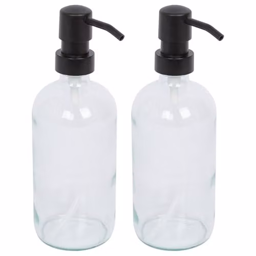 Harbour Housewares Pack of 2 Refillable Clear Glass Soap Dispensers with Black Pumps, 500ml each – 1