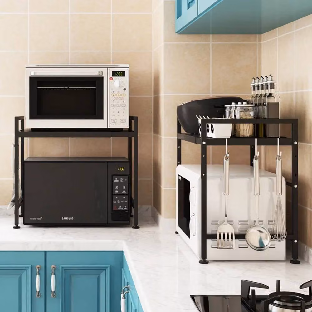 Living and Home 2-Tier Expandable Metal Microwave Oven Rack with Hooks, Black – 2