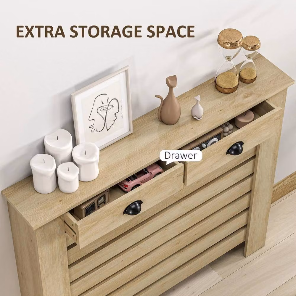 NESTLUNE Radiator Cover with Drawer, Horizontal Slat, Light Oak, W: 100 cm, D: 15 cm – 2