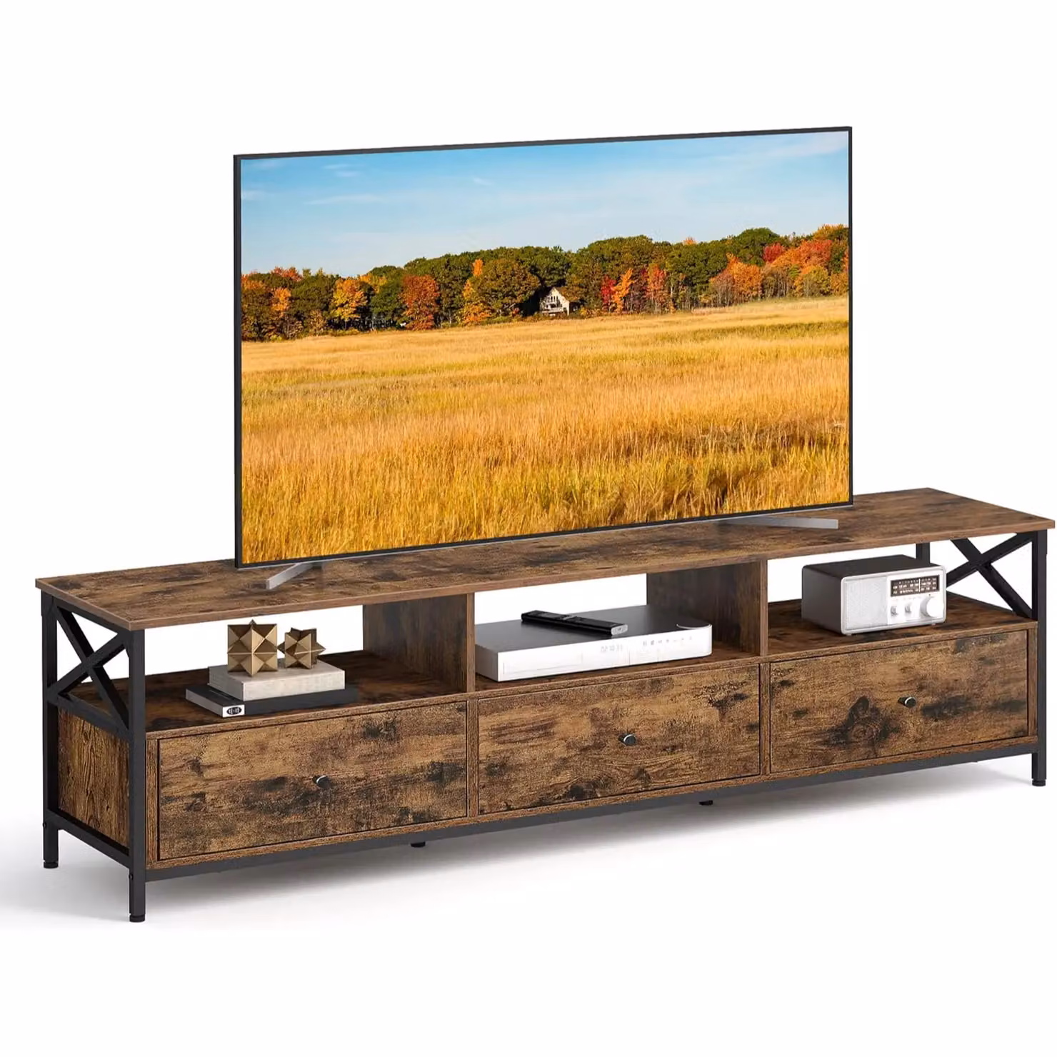 VASAGLE Extra Large Industrial TV Stand Cabinet with 3 Drawers and 3 Open Shelves in Brown – 5