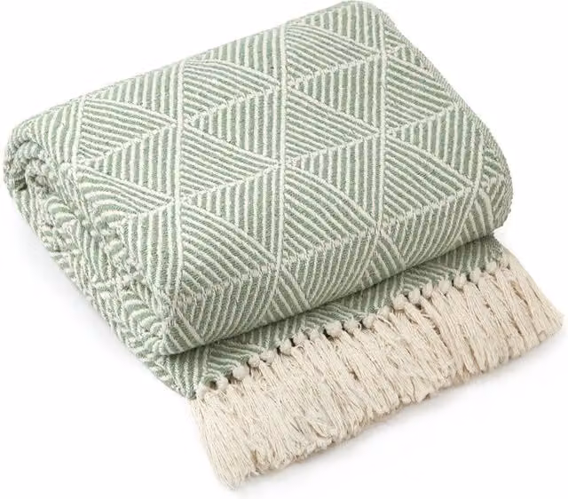 Emma Zahra Woven Cotton Geometric Boho Throw Blanket in Yellow, White and Green, W: 178 cm, D: 254 cm