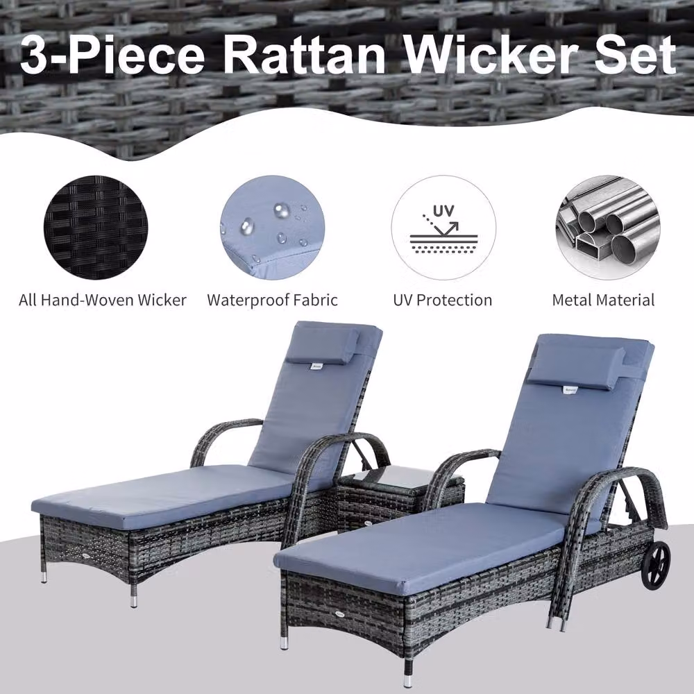 OUTSUNNY 3 Piece Grey Polyrattan Garden Furniture Set with Rattan Loungers and Side Table – 4