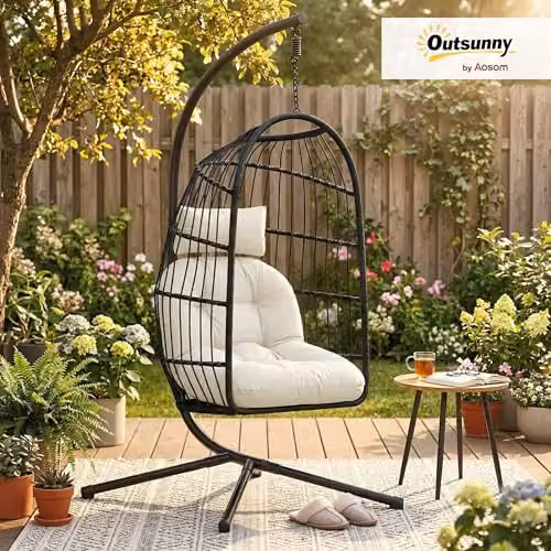 Outsunny Hanging Egg Chair with Stand and Cushions, Black and White – 2