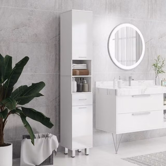 Kleankin Tall Narrow White Bathroom Storage Cabinet with Hinged Doors and Open Shelf, H: 180 cm, W: 30 cm