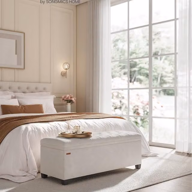 SONGMICS Velvet Storage Ottoman Bench in White, W/D/H: 110 x 40 x 40 cm