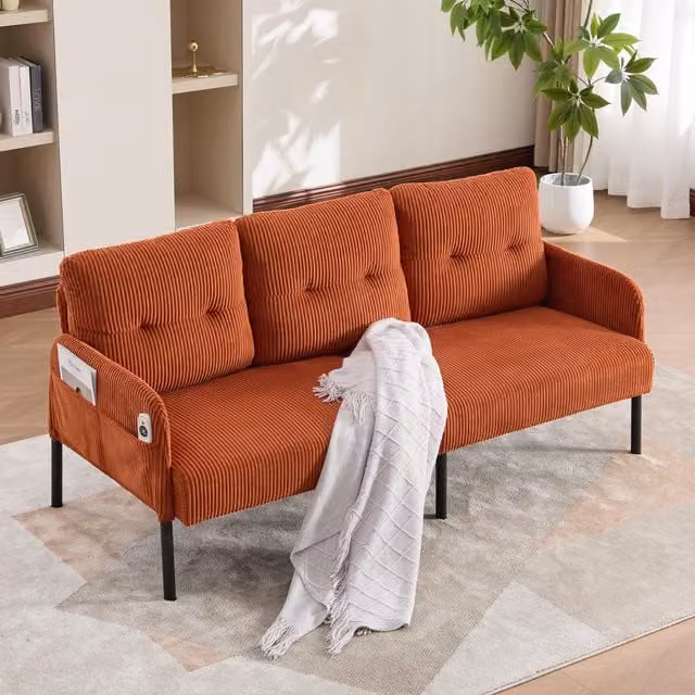 Aosom UK Oversized Two-Seater Corduroy Sofa in Orange with Ergonomic Curves and Dual Side Storage Pockets, W/D/H: 171 x 72 x 80 cm