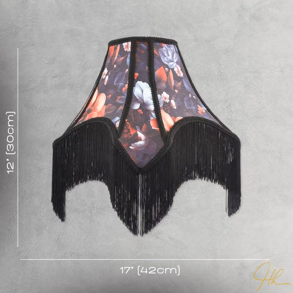 Happy Homewares Large Vintage 1920s Victorian Black Fabric Lamp Shade with Multicolour Flowers, Diameter: 42 cm – 6