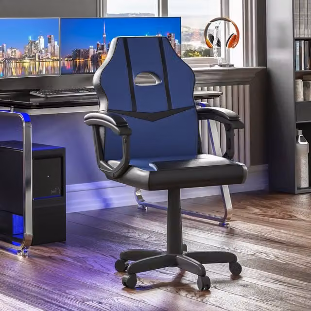 Vida Designs Modern Blue and Yellow Synthetic Leather Swivel Gaming Chair with Armrests and Castors