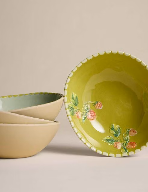 M&S Set of 4 Green Floral Melamine Picnic Cereal Bowls