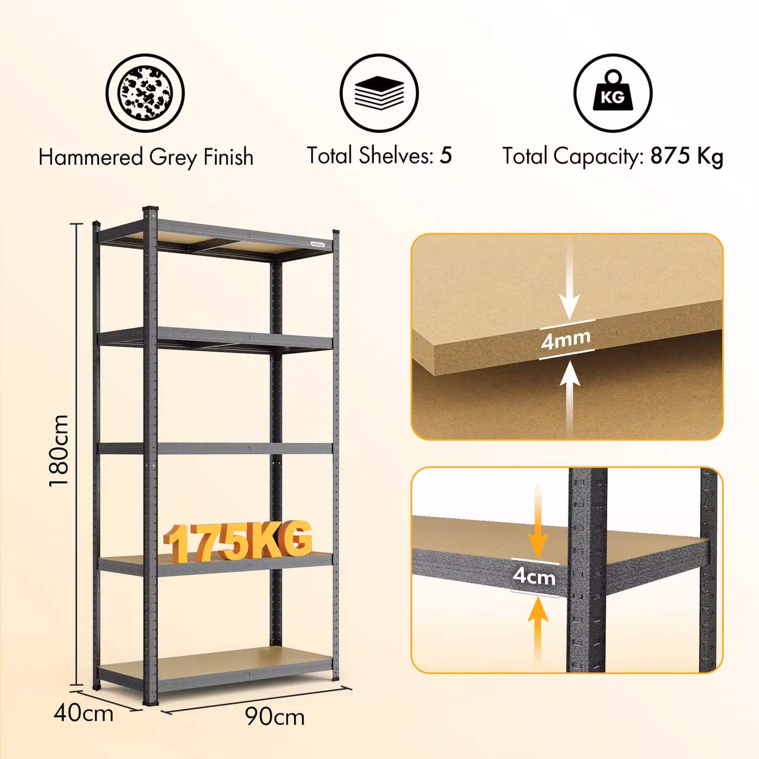 VonHaus 5 Tier Heavy Duty Garage Shelving Unit in Grey, W/D/H: 180 x 90 x 40 cm – 7
