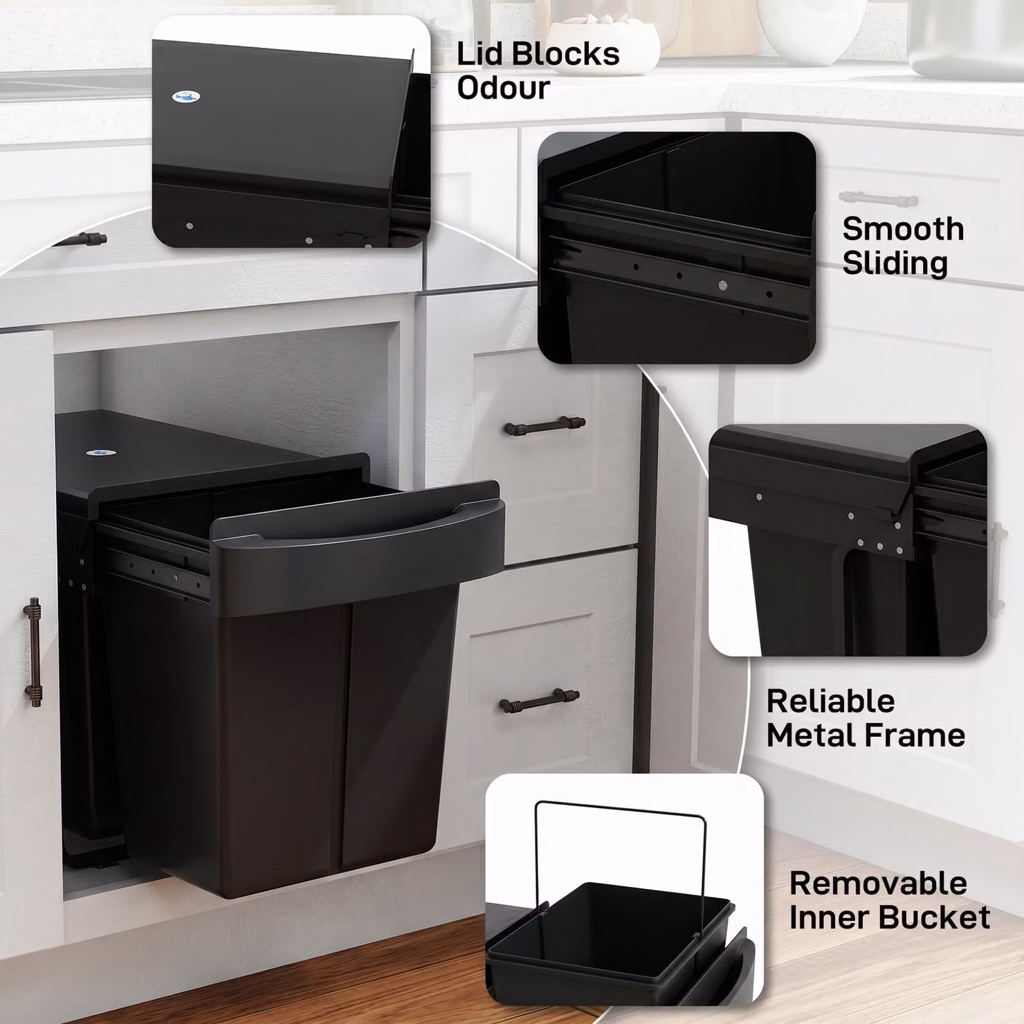 HOMCOM Pull Out Kitchen Under Sink Bin with 2 Removable Compartments, Black – 7