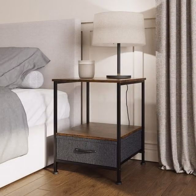 FWStyle Walnut Effect Side Table with Storage Drawer in Brown and Black – 1