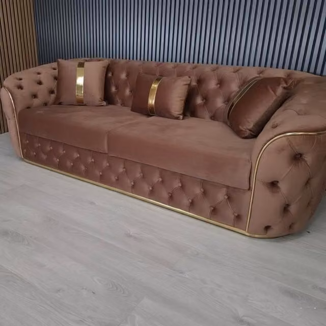 Stratus Interiors Ambassador Chesterfield Sofa in Light Brown Velvet Fabric with Gold Trim