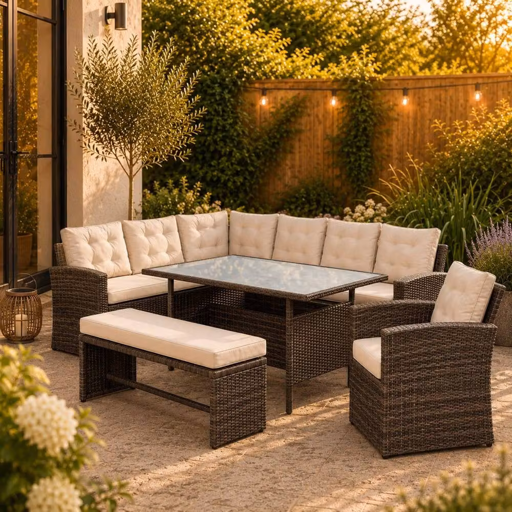 Artemis Home Piana 10 Seat Rattan Corner Sofa Set with Table, Bench and Chair in Brown – 2