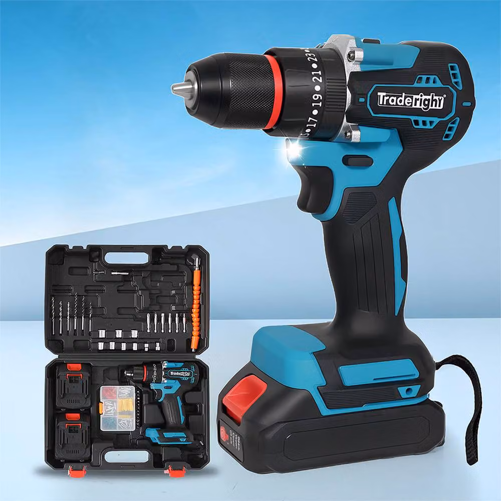 Traderight 96-Piece Cordless Brushless Impact Drill Driver Set with 2x2.0Ah Rechargeable Batteries in Black – 3