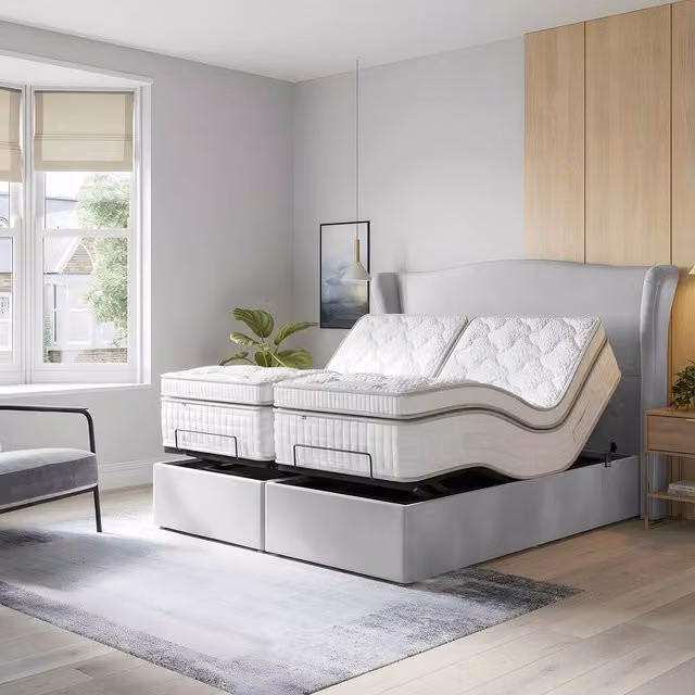 Paradise Beds Ltd Orthopaedic Electric Adjustable Bed Set with Mattress and Headboard in Silver, Small Single