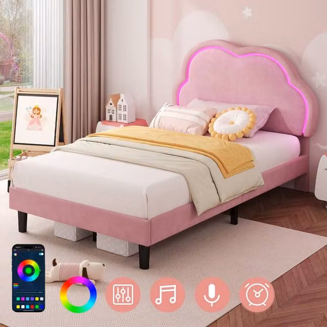 ModernLuxe Pink Velvet Upholstered Single Bed with Adjustable LED Cloud Headboard, W/D/H: 90 x 190 x 113 cm