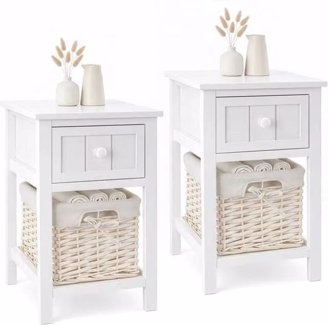 VOGREX Set of 2 Shabby Chic White Bedside Tables with Wicker Rattan Baskets and Drawers – 1