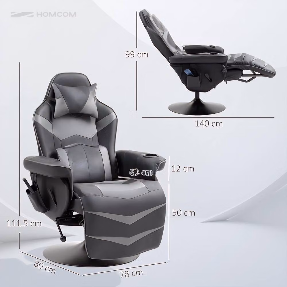 STILVORA Grey Synthetic Leather Massage Recliner Armchair with 360 Degree Swivel Base and Cup Holders – 3
