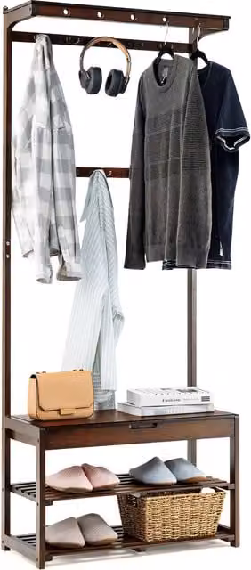 Costway Retro 3-in-1 Hall Tree with Coat Hooks and Shoe Storage Bench in Brown