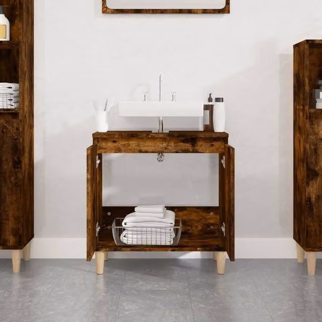 Berkfield Home Smoked Oak Sink Cabinet in Brown, W/D/H: 58 x 33 x 60 cm