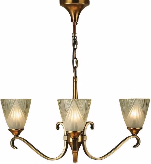 Interiors 1900 Art Deco 3 Light Suspended Ceiling Pendant Chandelier in Brass and Yellow Glass with E14 Base